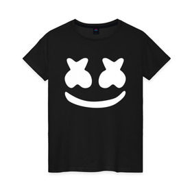 Женская футболка хлопок с принтом Marshmello в Екатеринбурге, 100% хлопок | прямой крой, круглый вырез горловины, длина до линии бедер, слегка спущенное плечо | dj | marshmello | marshmelo | диджей | клубная | клубняк | логотип | маршмелло | маршмеллоу | маршмело | маршмэллоу | музыка | смайлик | улыбка | электронная