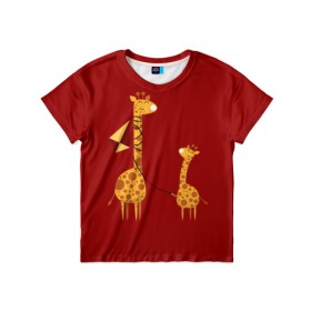 Детская футболка 3D с принтом Жираф и Жирафик в Екатеринбурге, 100% гипоаллергенный полиэфир | прямой крой, круглый вырез горловины, длина до линии бедер, чуть спущенное плечо, ткань немного тянется | animal | desert | giraffe | long | pattern | skin | tall | высокий | длинная | животное | животные | жираф | жирафы | змей | летучий | пустыня | узор | шея