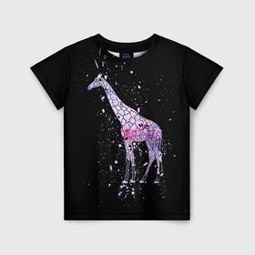 Детская футболка 3D с принтом Звездный Жираф в Екатеринбурге, 100% гипоаллергенный полиэфир | прямой крой, круглый вырез горловины, длина до линии бедер, чуть спущенное плечо, ткань немного тянется | Тематика изображения на принте: animal | desert | giraffe | long | pattern | skin | space | stars | tall | высокий | длинная | животное | животные | жираф | жирафы | звезды | космос | пустыня | узор | шея