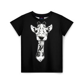 Детская футболка 3D с принтом Крутой Жираф в Екатеринбурге, 100% гипоаллергенный полиэфир | прямой крой, круглый вырез горловины, длина до линии бедер, чуть спущенное плечо, ткань немного тянется | Тематика изображения на принте: animal | cool | desert | giraffe | long | pattern | skin | tall | tattoo | высокий | длинная | животное | животные | жираф | жирафы | крутой | пустыня | тату | татуировки | узор | шея