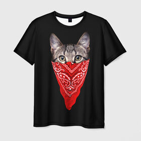 Мужская футболка 3D с принтом Gangsta Cat в Екатеринбурге, 100% полиэфир | прямой крой, круглый вырез горловины, длина до линии бедер | cat | cats | gangsta | kitten | kitty | pussy | гангстер | кот | котенок | котик | котики | коты | котята | кошка | кошки | платок