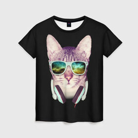 Женская футболка 3D с принтом Кот в Наушниках в Екатеринбурге, 100% полиэфир ( синтетическое хлопкоподобное полотно) | прямой крой, круглый вырез горловины, длина до линии бедер | cat | cats | kitten | kitty | pussy | диджей | кот | котенок | котик | котики | коты | котята | кошка | кошки | наушники | очки