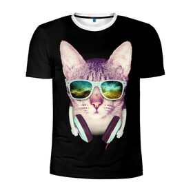 Мужская футболка 3D спортивная с принтом Кот в Наушниках в Екатеринбурге, 100% полиэстер с улучшенными характеристиками | приталенный силуэт, круглая горловина, широкие плечи, сужается к линии бедра | cat | cats | kitten | kitty | pussy | диджей | кот | котенок | котик | котики | коты | котята | кошка | кошки | наушники | очки
