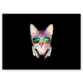 Поздравительная открытка с принтом Кот в Наушниках в Екатеринбурге, 100% бумага | плотность бумаги 280 г/м2, матовая, на обратной стороне линовка и место для марки
 | Тематика изображения на принте: cat | cats | kitten | kitty | pussy | диджей | кот | котенок | котик | котики | коты | котята | кошка | кошки | наушники | очки