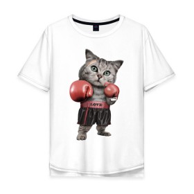 Мужская футболка хлопок Oversize с принтом Кот боксёр в Екатеринбурге, 100% хлопок | свободный крой, круглый ворот, “спинка” длиннее передней части | боец | бокс | боксёр | кот | котёнок | кошак | кошка | кулак | спорт | шорты