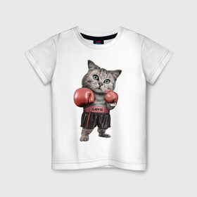 Детская футболка хлопок с принтом Кот боксёр в Екатеринбурге, 100% хлопок | круглый вырез горловины, полуприлегающий силуэт, длина до линии бедер | Тематика изображения на принте: боец | бокс | боксёр | кот | котёнок | кошак | кошка | кулак | спорт | шорты