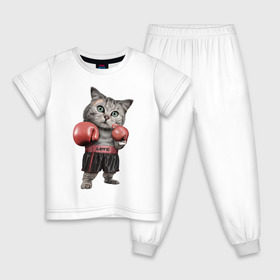Детская пижама хлопок с принтом Кот боксёр в Екатеринбурге, 100% хлопок |  брюки и футболка прямого кроя, без карманов, на брюках мягкая резинка на поясе и по низу штанин
 | Тематика изображения на принте: боец | бокс | боксёр | кот | котёнок | кошак | кошка | кулак | спорт | шорты