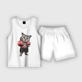 Детская пижама с шортами хлопок с принтом Кот боксёр в Екатеринбурге,  |  | Тематика изображения на принте: боец | бокс | боксёр | кот | котёнок | кошак | кошка | кулак | спорт | шорты