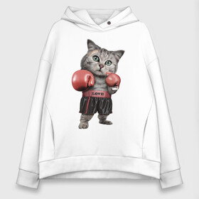Женское худи Oversize хлопок с принтом Кот боксёр в Екатеринбурге, френч-терри — 70% хлопок, 30% полиэстер. Мягкий теплый начес внутри —100% хлопок | боковые карманы, эластичные манжеты и нижняя кромка, капюшон на магнитной кнопке | боец | бокс | боксёр | кот | котёнок | кошак | кошка | кулак | спорт | шорты