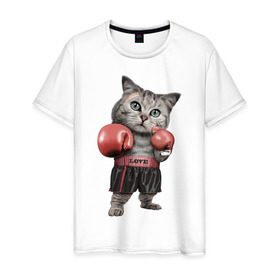 Мужская футболка хлопок с принтом Кот боксёр в Екатеринбурге, 100% хлопок | прямой крой, круглый вырез горловины, длина до линии бедер, слегка спущенное плечо. | Тематика изображения на принте: боец | бокс | боксёр | кот | котёнок | кошак | кошка | кулак | спорт | шорты