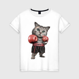 Женская футболка хлопок с принтом Кот боксёр в Екатеринбурге, 100% хлопок | прямой крой, круглый вырез горловины, длина до линии бедер, слегка спущенное плечо | боец | бокс | боксёр | кот | котёнок | кошак | кошка | кулак | спорт | шорты