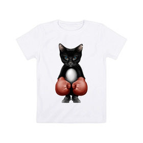 Детская футболка хлопок с принтом Котёнок боксёр в Екатеринбурге, 100% хлопок | круглый вырез горловины, полуприлегающий силуэт, длина до линии бедер | боец | бокс | боксёр | кот | котёнок | кошак | кошка | кулак | спорт | шорты