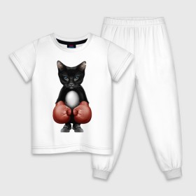 Детская пижама хлопок с принтом Котёнок боксёр в Екатеринбурге, 100% хлопок |  брюки и футболка прямого кроя, без карманов, на брюках мягкая резинка на поясе и по низу штанин
 | Тематика изображения на принте: боец | бокс | боксёр | кот | котёнок | кошак | кошка | кулак | спорт | шорты