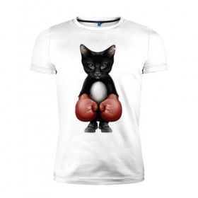 Мужская футболка премиум с принтом Котёнок боксёр в Екатеринбурге, 92% хлопок, 8% лайкра | приталенный силуэт, круглый вырез ворота, длина до линии бедра, короткий рукав | боец | бокс | боксёр | кот | котёнок | кошак | кошка | кулак | спорт | шорты