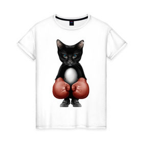 Женская футболка хлопок с принтом Котёнок боксёр в Екатеринбурге, 100% хлопок | прямой крой, круглый вырез горловины, длина до линии бедер, слегка спущенное плечо | боец | бокс | боксёр | кот | котёнок | кошак | кошка | кулак | спорт | шорты