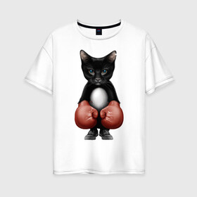 Женская футболка хлопок Oversize с принтом Котёнок боксёр в Екатеринбурге, 100% хлопок | свободный крой, круглый ворот, спущенный рукав, длина до линии бедер
 | боец | бокс | боксёр | кот | котёнок | кошак | кошка | кулак | спорт | шорты