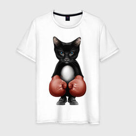 Мужская футболка хлопок с принтом Котёнок боксёр в Екатеринбурге, 100% хлопок | прямой крой, круглый вырез горловины, длина до линии бедер, слегка спущенное плечо. | боец | бокс | боксёр | кот | котёнок | кошак | кошка | кулак | спорт | шорты