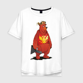 Мужская футболка хлопок Oversize с принтом Мишка с футляром в Екатеринбурге, 100% хлопок | свободный крой, круглый ворот, “спинка” длиннее передней части | балалайка | красный | медведь | патриот | россия | русь | ушанка | футляр