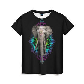 Женская футболка 3D с принтом Индийский Слон в Екатеринбурге, 100% полиэфир ( синтетическое хлопкоподобное полотно) | прямой крой, круглый вырез горловины, длина до линии бедер | africa | elephant | elephants | india | ornament | pattern | skin | tusks | африка | бивни | индия | кожа | орнамент | слон | слоненок | слоник | слоники | слоны | слонята | узор | хобот