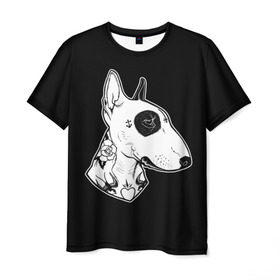 Мужская футболка 3D с принтом Бультерьер в Екатеринбурге, 100% полиэфир | прямой крой, круглый вырез горловины, длина до линии бедер | dog | dogs | tattoo | бультерьер | пес | псы | собака | собакен | собаки | собачка | собачки | татуировка | татуировки | щенки | щенок | щеночек | щеночки