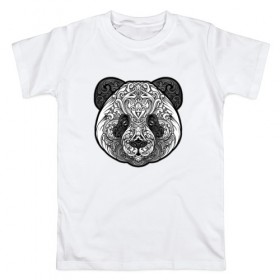 Мужская футболка хлопок с принтом Узорная панда в Екатеринбурге, 100% хлопок | прямой крой, круглый вырез горловины, длина до линии бедер, слегка спущенное плечо. | голова | животное | завитки. кружево | зверь | панда | узорная панда | узоры
