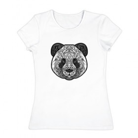 Женская футболка хлопок с принтом Узорная панда в Екатеринбурге, 100% хлопок | прямой крой, круглый вырез горловины, длина до линии бедер, слегка спущенное плечо | голова | животное | завитки. кружево | зверь | панда | узорная панда | узоры