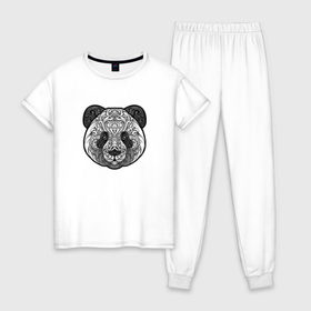 Женская пижама хлопок с принтом Узорная панда в Екатеринбурге, 100% хлопок | брюки и футболка прямого кроя, без карманов, на брюках мягкая резинка на поясе и по низу штанин | голова | животное | завитки. кружево | зверь | панда | узорная панда | узоры