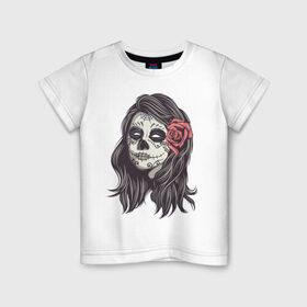 Детская футболка хлопок с принтом Mexican girl в Екатеринбурге, 100% хлопок | круглый вырез горловины, полуприлегающий силуэт, длина до линии бедер | девушка | зомби | мексика | паутина | роза | тату | хэллоуин | череп