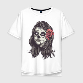 Мужская футболка хлопок Oversize с принтом Mexican girl в Екатеринбурге, 100% хлопок | свободный крой, круглый ворот, “спинка” длиннее передней части | девушка | зомби | мексика | паутина | роза | тату | хэллоуин | череп