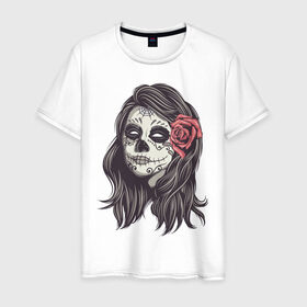 Мужская футболка хлопок с принтом Mexican girl в Екатеринбурге, 100% хлопок | прямой крой, круглый вырез горловины, длина до линии бедер, слегка спущенное плечо. | девушка | зомби | мексика | паутина | роза | тату | хэллоуин | череп