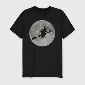 Мужская футболка премиум с принтом На фоне луны в Екатеринбурге, 92% хлопок, 8% лайкра | приталенный силуэт, круглый вырез ворота, длина до линии бедра, короткий рукав | ведьма. метла. кот | луна | ночь | праздник | ужас | хэллоуин