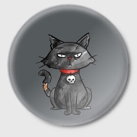 Значок с принтом Кот бедолага в Екатеринбурге,  металл | круглая форма, металлическая застежка в виде булавки | кот | череп | черный