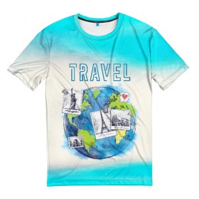 Мужская футболка 3D с принтом Путешествуй! в Екатеринбурге, 100% полиэфир | прямой крой, круглый вырез горловины, длина до линии бедер | Тематика изображения на принте: travel | башня | глобус | город | море | париж | пляж | путешествия | страна