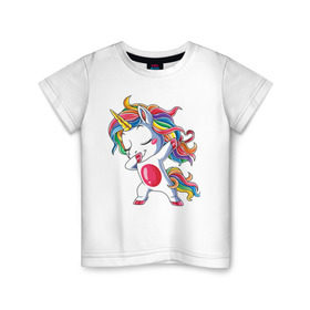Детская футболка хлопок с принтом Dabbing Unicorn в Екатеринбурге, 100% хлопок | круглый вырез горловины, полуприлегающий силуэт, длина до линии бедер | dab | dab единорог | dabbing unicorn | unicorn | единорог радуга | краски | прикольные картинки | радуга | радужные краски | радужный единорог