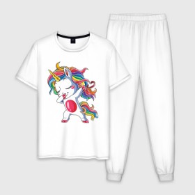 Мужская пижама хлопок с принтом Dabbing Unicorn в Екатеринбурге, 100% хлопок | брюки и футболка прямого кроя, без карманов, на брюках мягкая резинка на поясе и по низу штанин
 | dab | dab единорог | dabbing unicorn | unicorn | единорог радуга | краски | прикольные картинки | радуга | радужные краски | радужный единорог