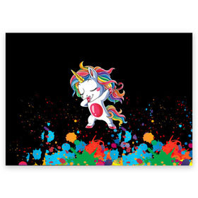 Поздравительная открытка с принтом Радужный единорог в Екатеринбурге, 100% бумага | плотность бумаги 280 г/м2, матовая, на обратной стороне линовка и место для марки
 | dab | dab единорог | dabbing unicorn | unicorn | брызги красок | единорог радуга | краски | прикольные картинки | радуга | радужные краски | радужный единорог