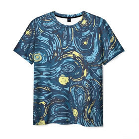 Мужская футболка 3D с принтом Ван Гог. Звездная Ночь в Екатеринбурге, 100% полиэфир | прямой крой, круглый вырез горловины, длина до линии бедер | вангог | живопись | искусство | картина | краска | синий | художник