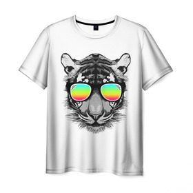 Мужская футболка 3D с принтом Пляжный Тигр в Екатеринбурге, 100% полиэфир | прямой крой, круглый вырез горловины, длина до линии бедер | africa | beach | desert | ocean | predator | sea | sun | tiger | tigers | африка | море | океан | очки | пляж | пустыня | солнце | тигр | тигренок | тигрица | тигрицы | тигры | тигрята | хищник