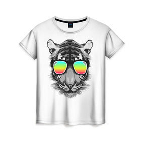 Женская футболка 3D с принтом Пляжный Тигр в Екатеринбурге, 100% полиэфир ( синтетическое хлопкоподобное полотно) | прямой крой, круглый вырез горловины, длина до линии бедер | africa | beach | desert | ocean | predator | sea | sun | tiger | tigers | африка | море | океан | очки | пляж | пустыня | солнце | тигр | тигренок | тигрица | тигрицы | тигры | тигрята | хищник