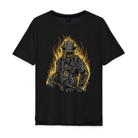 Мужская футболка хлопок Oversize с принтом Пожарный в Екатеринбурге, 100% хлопок | свободный крой, круглый ворот, “спинка” длиннее передней части | искры | маска | мужик | мчс | огонь | охрана | пламя | пожар | пожарные | спасатели | топор | шлем