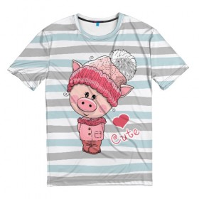 Мужская футболка 3D с принтом Милая свинка в Екатеринбурге, 100% полиэфир | прямой крой, круглый вырез горловины, длина до линии бедер | 2019 | боров | взгляд | год | домашнее | животное | костюм | красная | милая | мода | новый год | пальто | подарок | поздравление | поросенок | праздник | рисунок | рождество | румянец | с новым годом