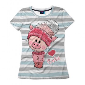 Женская футболка 3D с принтом Милая свинка в Екатеринбурге, 100% полиэфир ( синтетическое хлопкоподобное полотно) | прямой крой, круглый вырез горловины, длина до линии бедер | 2019 | боров | взгляд | год | домашнее | животное | костюм | красная | милая | мода | новый год | пальто | подарок | поздравление | поросенок | праздник | рисунок | рождество | румянец | с новым годом