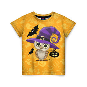 Детская футболка 3D с принтом Совушка и хэллоуин в Екатеринбурге, 100% гипоаллергенный полиэфир | прямой крой, круглый вырез горловины, длина до линии бедер, чуть спущенное плечо, ткань немного тянется | halloween | летучая мышь | подарок на хэллоуин | прикольная сова | сова | сова и хэллоуин | совушка | тыква | тыква на хэллоуин | хэллоуин