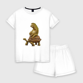 Женская пижама с шортиками хлопок с принтом Speed is Relative в Екатеринбурге, 100% хлопок | футболка прямого кроя, шорты свободные с широкой мягкой резинкой | ленивец | лень | медленно | медлительный | тормоз | черепаха