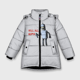 Зимняя куртка для девочек 3D с принтом Bender - Kill all human в Екатеринбурге, ткань верха — 100% полиэстер; подклад — 100% полиэстер, утеплитель — 100% полиэстер. | длина ниже бедра, удлиненная спинка, воротник стойка и отстегивающийся капюшон. Есть боковые карманы с листочкой на кнопках, утяжки по низу изделия и внутренний карман на молнии. 

Предусмотрены светоотражающий принт на спинке, радужный светоотражающий элемент на пуллере молнии и на резинке для утяжки. | bender | fry | futurama | planet express | бендер | гипножаба | зойдберг | лила | фрай | футурама