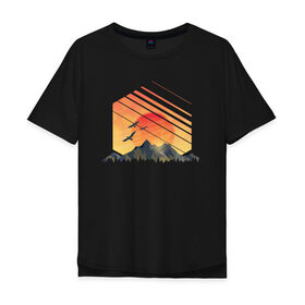 Мужская футболка хлопок Oversize с принтом Закат солнца над горами в Екатеринбурге, 100% хлопок | свободный крой, круглый ворот, “спинка” длиннее передней части | Тематика изображения на принте: 
