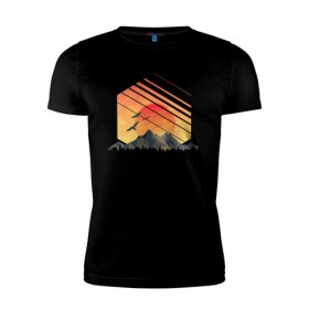 Мужская футболка премиум с принтом Закат солнца над горами в Екатеринбурге, 92% хлопок, 8% лайкра | приталенный силуэт, круглый вырез ворота, длина до линии бедра, короткий рукав | Тематика изображения на принте: 