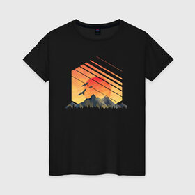 Женская футболка хлопок с принтом Закат солнца над горами в Екатеринбурге, 100% хлопок | прямой крой, круглый вырез горловины, длина до линии бедер, слегка спущенное плечо | Тематика изображения на принте: 