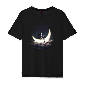 Мужская футболка хлопок Oversize с принтом Лунная лодка в Екатеринбурге, 100% хлопок | свободный крой, круглый ворот, “спинка” длиннее передней части | астронавт | вода | галактика | звезды | космонавт | космос | лодка | луна | месяц | млечный путь | облака | озера | река | скафандр | тучи