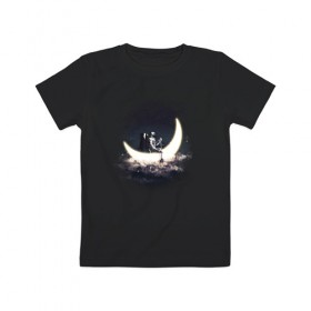 Детская футболка хлопок с принтом Лунная лодка в Екатеринбурге, 100% хлопок | круглый вырез горловины, полуприлегающий силуэт, длина до линии бедер | астронавт | вода | галактика | звезды | космонавт | космос | лодка | луна | месяц | млечный путь | облака | озера | река | скафандр | тучи